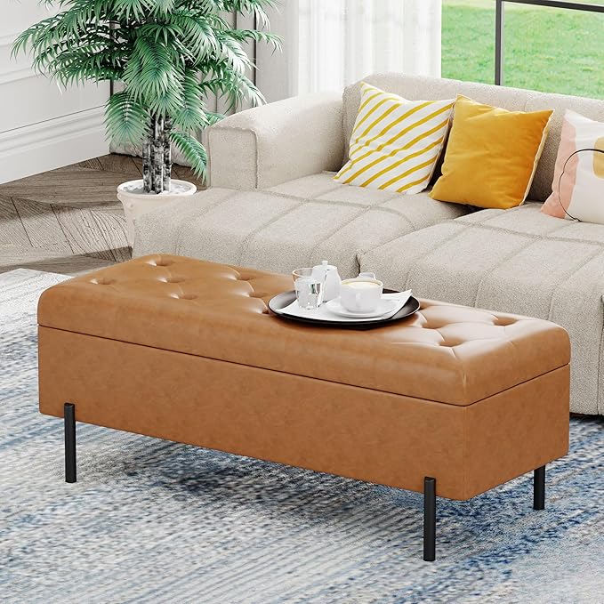 Andeworld Storage Bench, Faux Leather Modern Bedroom Bench, Upholstered Tufted Large Settee Ottoman with Storage Bench for Bedroom,Living Room,Entryway,Brown