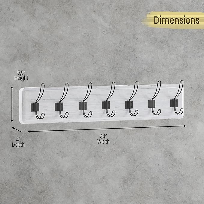HBCY Creations Whitewash Solid Wood Wall Mounted Coat Rack with Shelf, 7 Hooks, 34" Long - Kitchen, Mudroom, Entryway, Bathroom - Includes Mounting Hardware, Coat Hanger, Dog Leash Hooks, Towel Rack