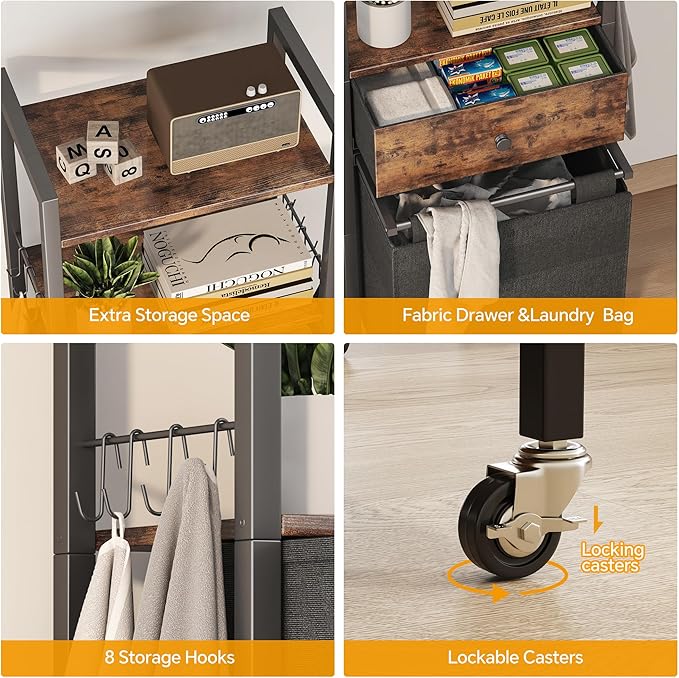 2 Tiers Laundry Hamper with Fabric Drawer and 2 Wooden Shelves, Laundry Basket with Removable Bag and 8 Storage Hooks, Laundry Sort with Divided Bag for Laundry Room, Bathroom, Bedroom, Dorm