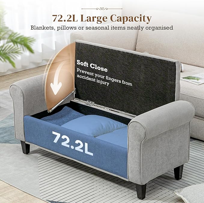 HOMCOM 50" Storage Ottoman Bench, Upholstered End of Bed Bench with Rolled Arms, Wood Legs, Button Tufted Storage Bench with Safety Hinges for Living Room, Entryway, Bedroom, Gray