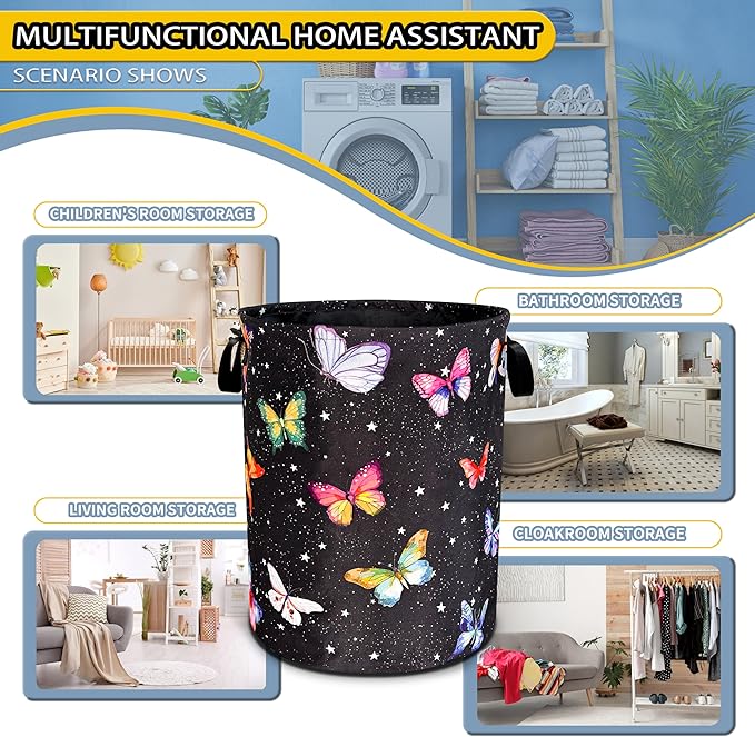 Fantasy Colorful Butterfly Laundry Basket Butterflies Laundry Hamper Foldable Oxford Cloth Funny Tote Bag Clothes Storage Bucket Toy Organizer For Bathroom/Laundry Storage/Bedroom 18.9x16.5 Inch