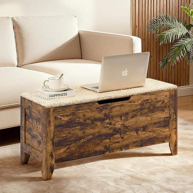 VECELO 43.3" Storage Bench, Entryway Shoe Ottoman, Farmhouse Style Bench with Handwoven Cushion and Metal Safety Hinges, for Bedroom, Living Room, Entryway, Brown