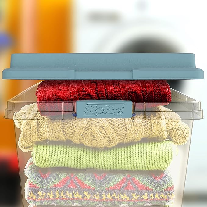 Hefty HI-RISE Stackable Storage Bins - Under Bed Storage Containers with Lids, Shoe Organizer, Plastic Storage Bins, Clear Shoe Boxes with XL Lid-Locking Latches, Durable Double Rim - 72qt (6 Pack)