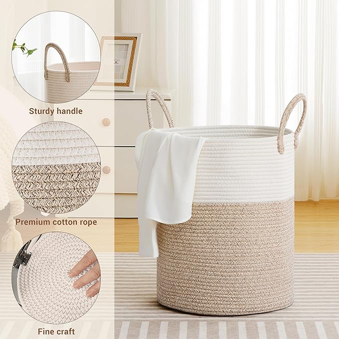 Tall Laundry Basket with Handles, 53L Portable Dirty Clothes Hamper, Boho Cotton Rope Storage Bin for Blankets Kids Toys Gifts, Decorative Organizer for Baby Nursery Bedroom Bathroom, Brown