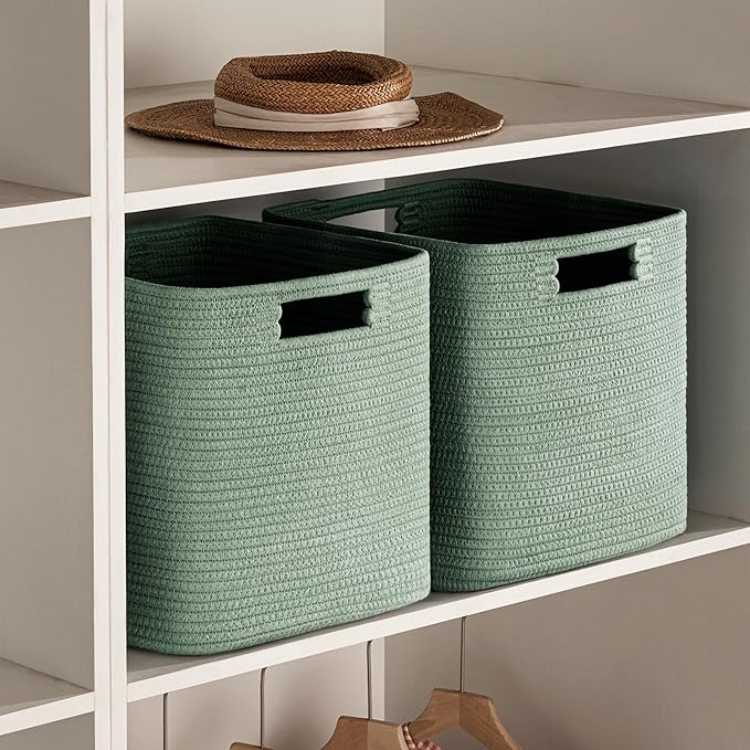 UBBCARE Set of 4 Storage Basket-11 X 10.5 X 10.5 In, Cotton Rope Basket for Shelves, Toys, Book, Cube Storage Bins with Handles, Woven Storage Basket for Organizing, Green