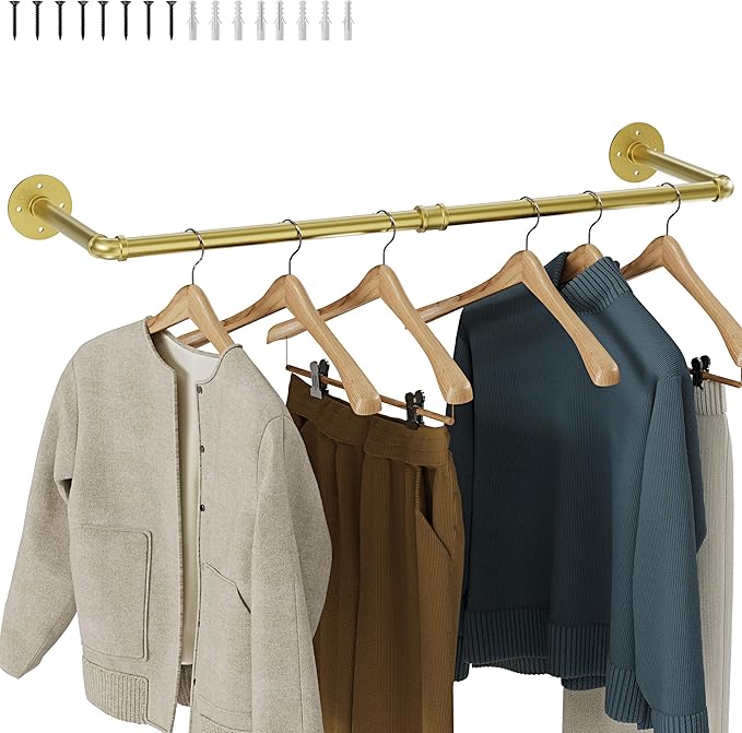 Wall Mounted Clothes Rack, Industrial Pipe Clothing Rack 32 Inch Gold, Wall Clothes Hanger for Bedroom, Cloakroom, Closet, Hallway, Boutique Display, Drying Racks Wall-Mount for Laundry