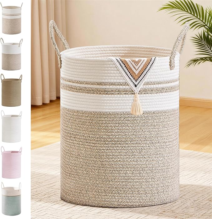 Tall Laundry Basket with Handles, 88L Portable Dirty Clothes Hamper, Boho Cotton Rope Storage Bin for Blankets Kids Toys Gifts, Large Organizer for Baby Nursery Bedroom Bathroom, New Brown