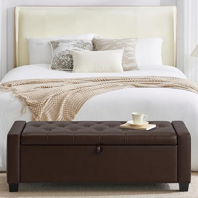 48" Ottoman with Storage, Storage Ottoman Bench with Safety Hinge, Upholstered Entryway Bench with Seating for Bedroom, Living Room, Holds up to 330 lb, Dark Brown