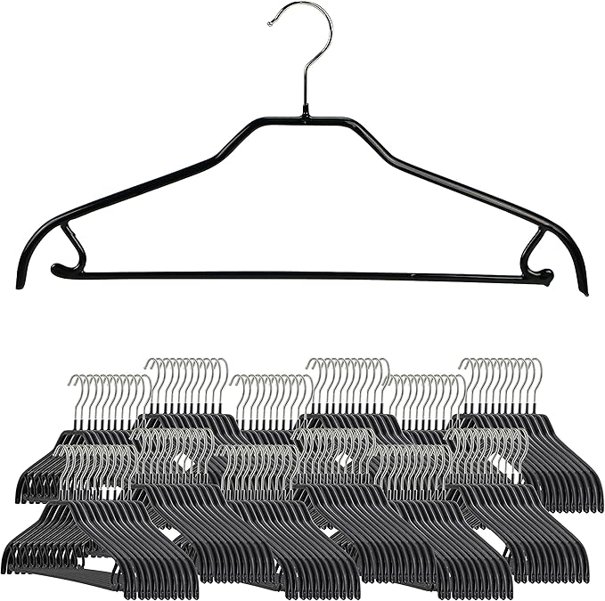 MAWA by Reston Lloyd Silhouette Series Non-Slip Space Saving Clothes Hanger with Bar & Hook for Pants and Skirts, Style 41/FRS, Set of 100, Black