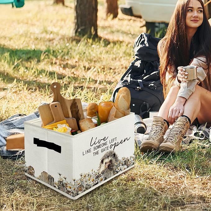 Rustic Hedgehog Storage Bins & Boxes with Handles, Farmhouse Hedgehog Foldable Basket for Organizing, Live Like Someone Left the Gate Open Collapsible Storage Basket for Bedroom Bathroom Clothes