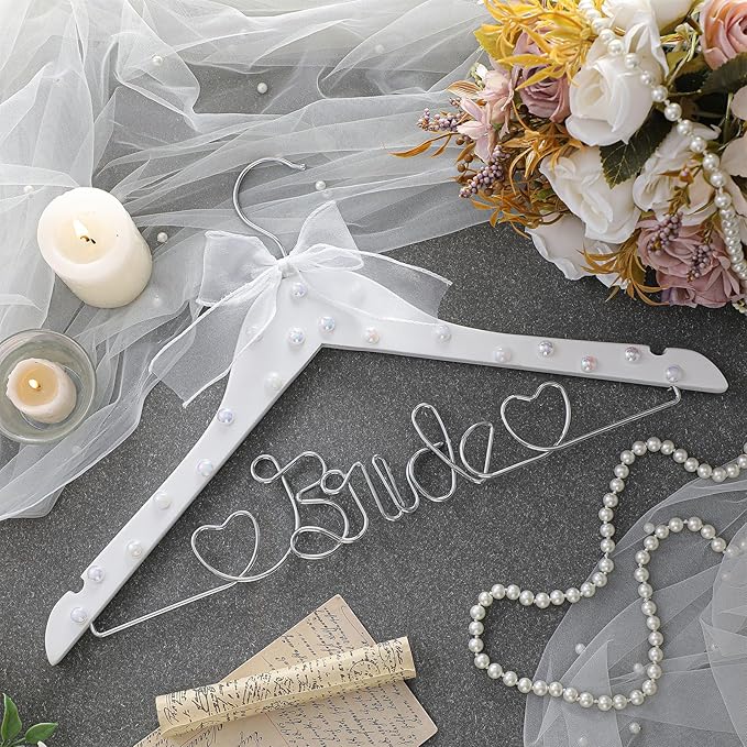 Honeydak Mrs. Wedding Dress Hanger for Bride to Be,Elegant Bridal Hanger for Brides Gowns, Bridal Party Shower Gift,Wedding Gift(White,Ribbon)