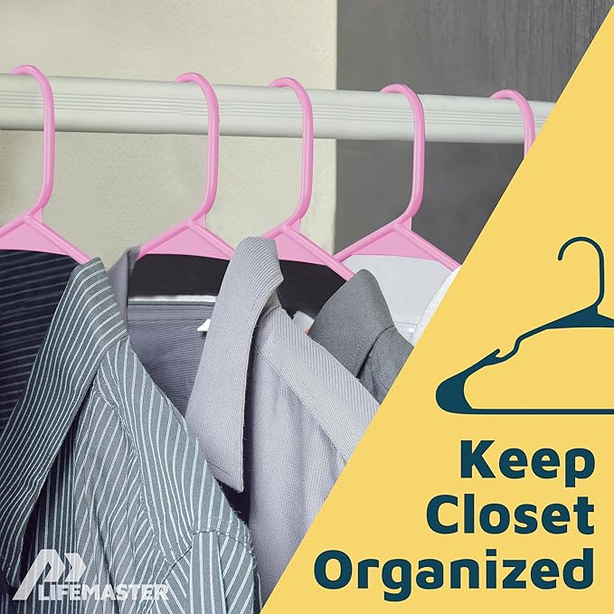 Lifemaster Plastic Clothes Hangers – Heavy Duty Hanger Set, for Organizing Clothes, Dresses, and Coat, Holds Up to 5 lbs, Space-Saving Hangers with Non-Slip Shoulder Grooves, Pack of 80, Pink