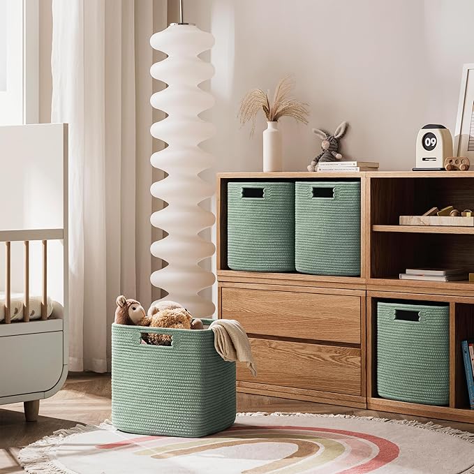 UBBCARE Set of 4 Storage Basket-13 X 13 X 13 In, Cotton Rope Basket for Shelves, Toys, Book, Cube Storage Bins with Handles, Woven Storage Basket for Organizing, Green