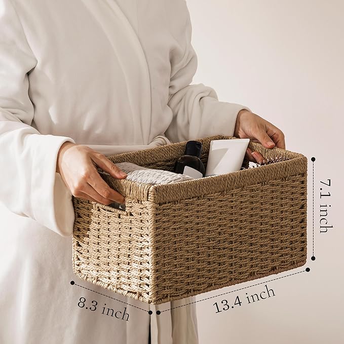 UBBCARE 4 Pack Wicker Basket, 13.4L×8.3H×7.1W inch Woven Paper Rope Storage Baskets for shelves, Foldable Rectangular Storage Baskets with Handle, Storage Basket for Organizing, Natural