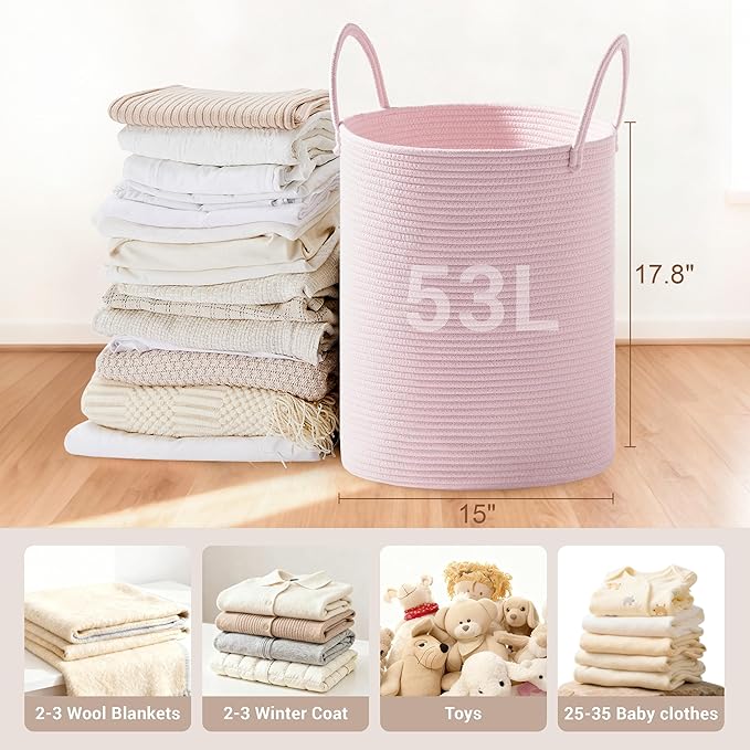 Girls' Tall Laundry Basket with Handles, 53L Portable Dirty Clothes Hamper, Boho Cotton Rope Storage Bin for Blankets Kids Toys Gifts, Decorative Organizer for Nursery Bedroom Bathroom, Pink