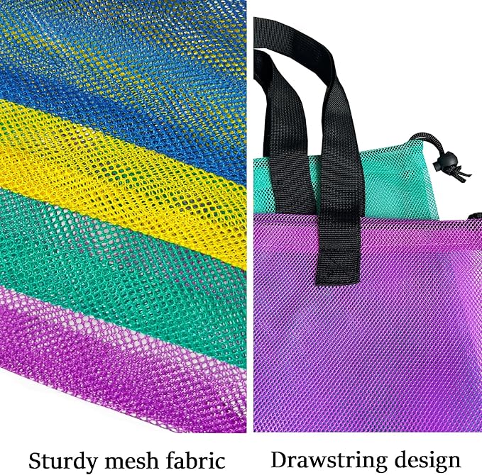 Reusable 4Pack Colorful Mesh Beach Tote Bags,Mesh Shopping Bag With Drawstring For Travel,Toys,Gift Or Laundry … …