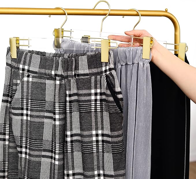 Besser Gold Clear Hangers 15 Pack,Acrylic Clothes Hangers,Skirt Dress Hanger with Gold Clips,Pants Hangers for Closet Storage