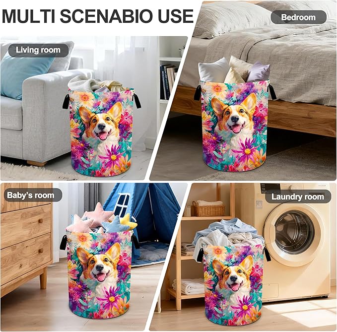 Dog Flower Laundry Basket Storage Bin Foldable Laundry Hamper Clothes Storage Bucket Organizer 19.6x15.7 Inch For Laundry Room/Bedroom/Bathroom