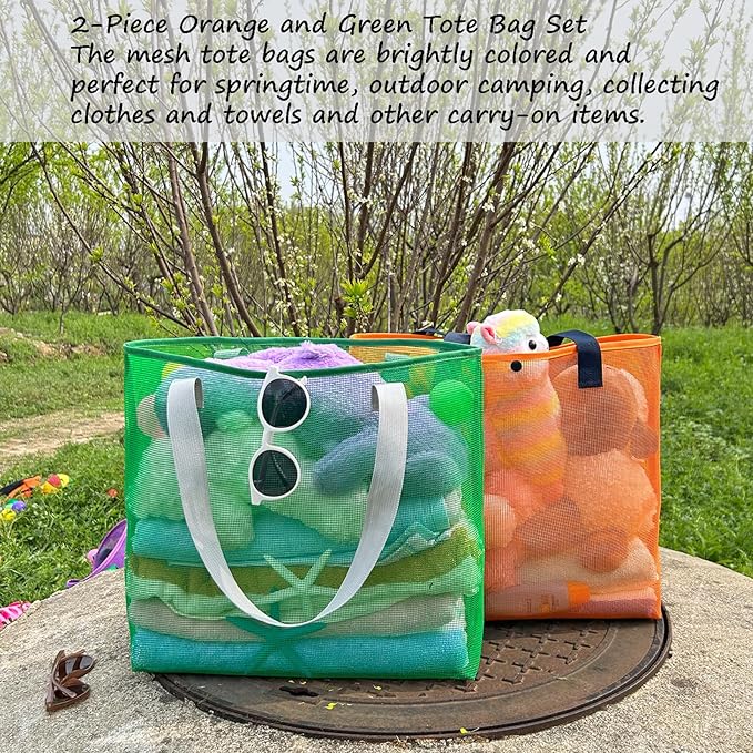 2Pack Large lightweight Simple Mesh Beach Tote Bag With snap Button Reusable Pool Bag for Outdoor Travel Shopping Gym