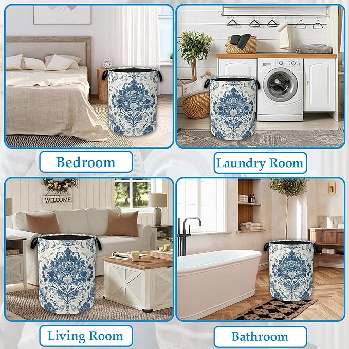 Vintage Blue Floral Laundry Basket Collapsible Laundry Hamper Clothes Toy Storage Bin for Bathroom Bedroom Room Decor 16" X 20.8"