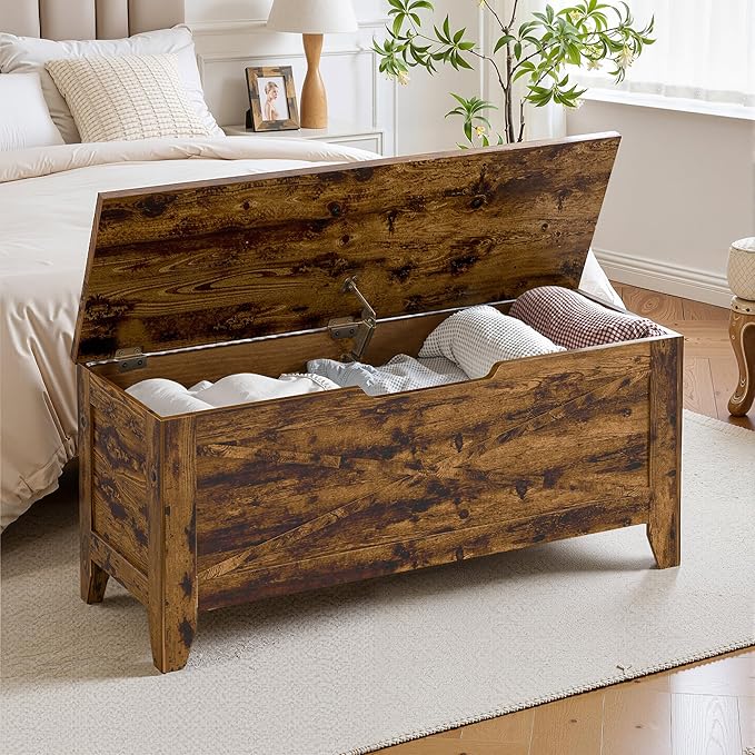 VECELO 43.3" Storage Bench, Shoe Bench with Handwoven Wicker Cushion, Ottoman Storage Trunk with Safety Hinges, Ideal for Entryway, Bedroom, Living Room, Brown