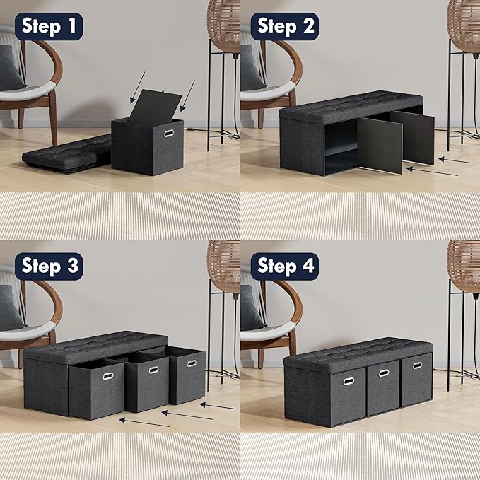 Ornavo Home Storage Ottoman with 3 Drawers, 40 Inches Long Foldable Tufted Linen Large Bench Ottoman with Storage, Foot Rest Stool Seat, for Living Room, Bedroom, Entryway, Black