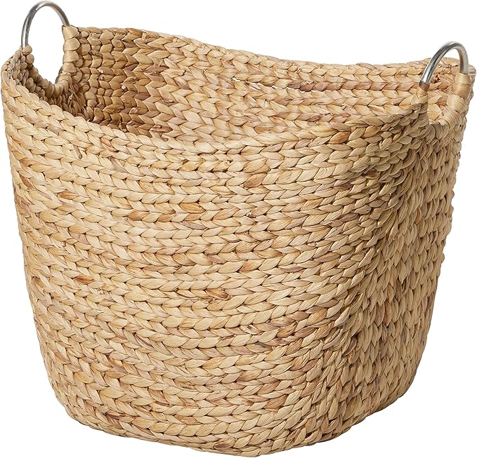 Deco 79 Seagrass Handmade Decorative and Functional Storage Basket Large Woven Basket Organizer with Ring Metal Handles, Basket for Storage 21" x 17" x 19", Brown