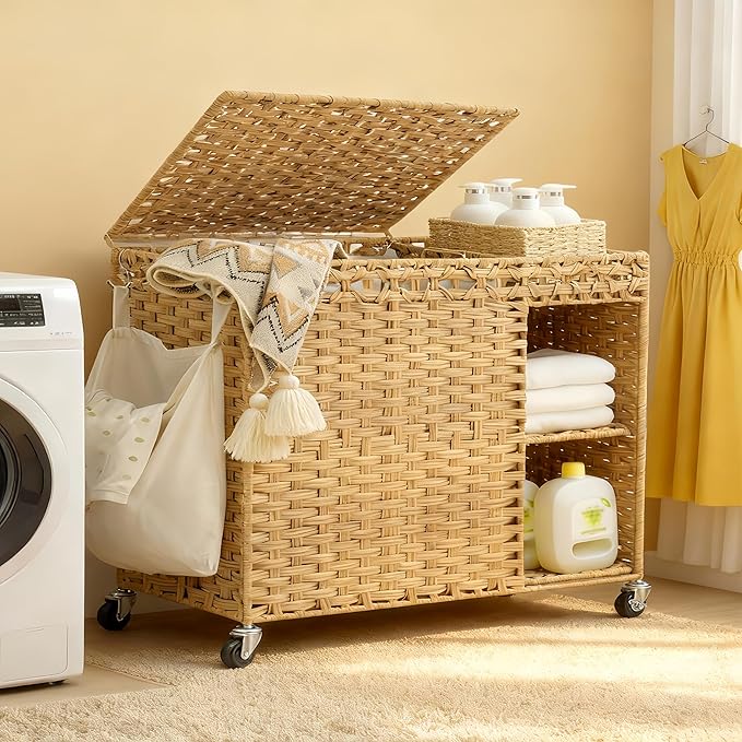 Laundry Hamper with Lid, 160L Rattan Wicker Laundry Basket with Wheels, Handwoven Laundry Hamper 3-Section with Storage shelf(42.3 Gal), Laundry Sorter Basket with Removable Liner, Natural HLH033N