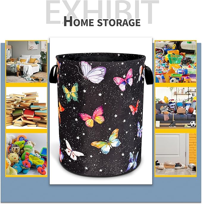 Fantasy Colorful Butterfly Laundry Basket Butterflies Laundry Hamper Foldable Oxford Cloth Funny Tote Bag Clothes Storage Bucket Toy Organizer For Bathroom/Laundry Storage/Bedroom 18.9x16.5 Inch