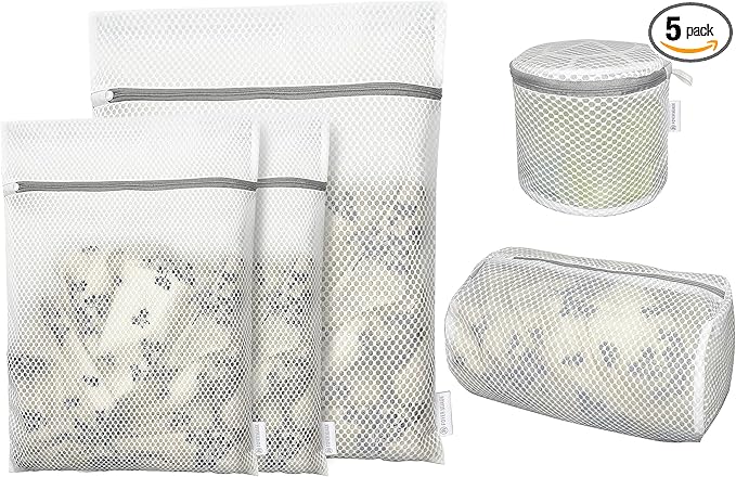 5PCS Honeycomb Mesh Laundry Bags for Delicates with Zipper, Clothing Washing Bags for Underwear, Lingerie, Bra, Blouse, Hosiery, Pants, Stocking, Socks, Extra Strong(1Bra, 1Cylin, 2S, 1M,)