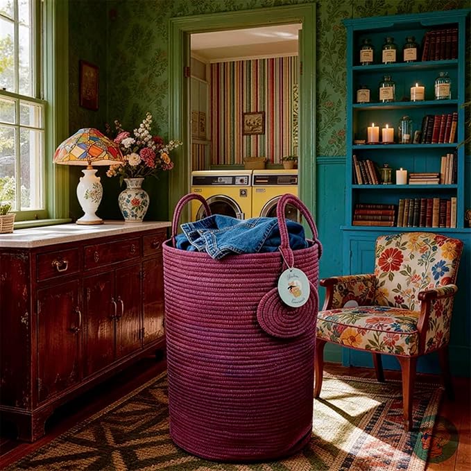 Modern Granny Extra Large Cotton Rope Laundry Hamper 16x22 Inch Dual Secure Woven Handle for Living Room Closet Clothes Blanket Organization