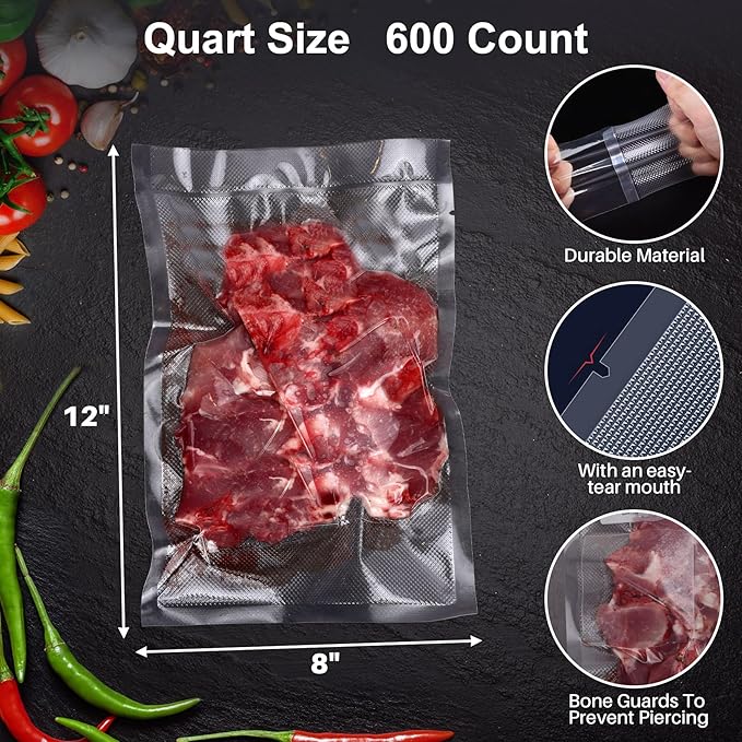 600 Vacuum Sealer Bags For Food 8x12 Inch, BPA Free Quart Freezer Sealed Bags, Compatible with All Heat Vacuum Sealers Machine, Heavy Duty, Ideal for vac storage, Meal Prep or Sous Vide