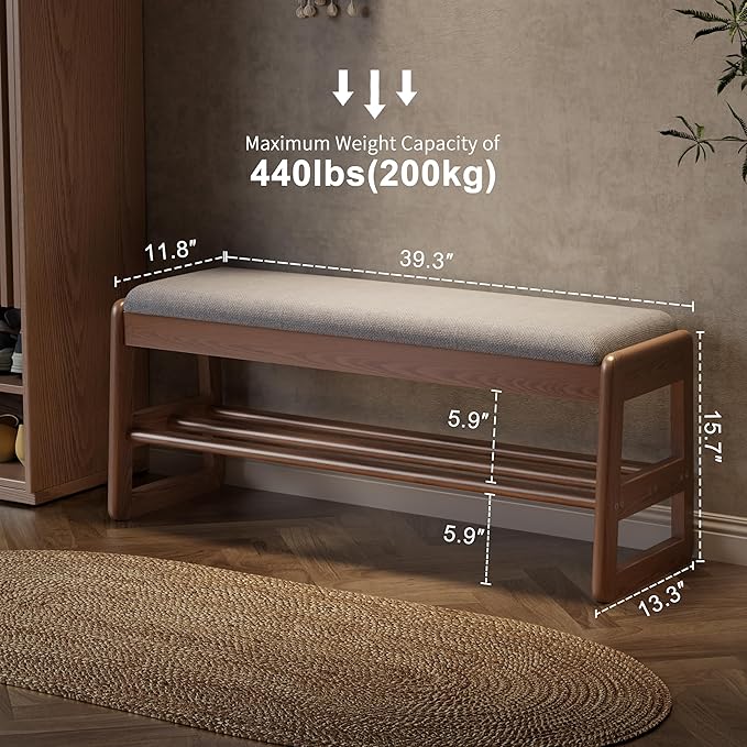 AQIMUELE Shoe Rack Bench,2 Tiers Shoe Bench with Storage with Flip-Top,Wood Shoe Rack for Entryway,Hallway(Walnut Upholstered Seat