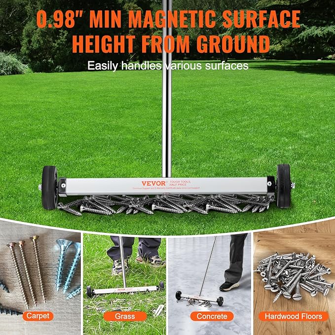 VEVOR Magnetic Pick Up Sweeper 17-inch Heavy Duty Magnet Pickup Lawn Sweeper Roofing Tools, 10 Lbs Yard Magnet with Telescoping Holder and Wheels to Pick Up Nails Magnetic Sweeper for Construction