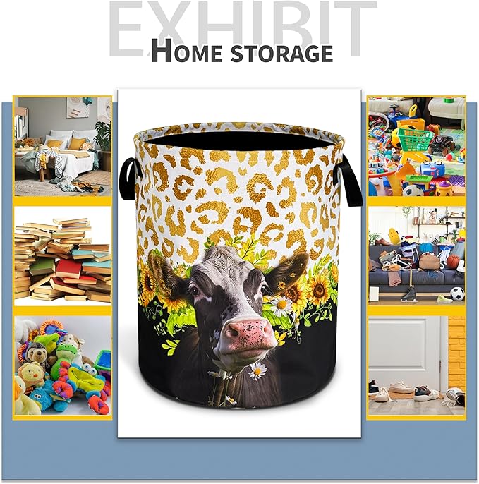 Cow Laundry Basket Sunflower Leopard Print foldable Oxford Cloth Funny Tote Bag Laundry Hamper Clothes Storage Bucket Toy Organizer For Bathroom/Laundry Storage/Bedroom 18.9x16.5 Inch