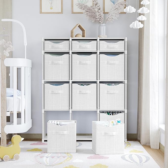 12 Cube Storage Organizer With Bins Included - Closet Storage With 12 Storage Bins - Easy To Assemble Storage Unit With Drawers - Closet Organization For Clothes, Bedroom, Nursery, & Toys (White-Grey)