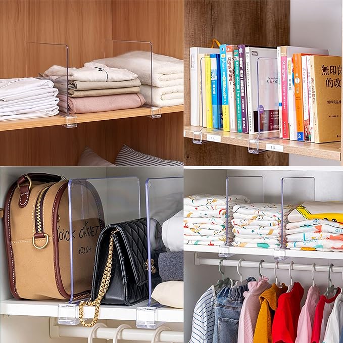 Clear Acrylic Shelf Dividers for Closet Organization - 4 Pack Closet Shelf Divider for Sweatshirt,Towel,Bag,Purse,Clothing,Sweater Organizer,Plastic Dividers and Separators for Shelves and Bedroom