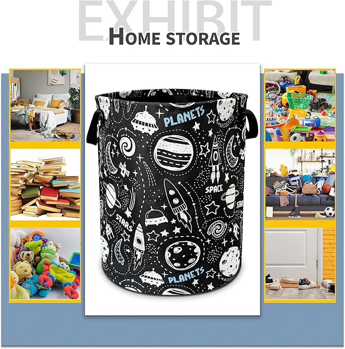 Space Planets Laundry Basket Rocket Spaceship Foldable Oxford Cloth Funny Tote Bag Laundry Hamper Clothes Storage Bucket Toy Organizer For Bathroom/Laundry Storage/Bedroom 18.9x16.5 In