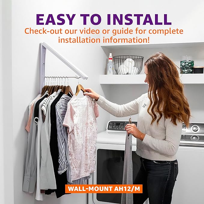 InstaHanger Clothes Drying Rack - Wall Mounted Laundry Drying Rack for Small Spaces - Wall-Mounted Clothes Racks Holds Up to 60 lbs - Space Saving Collapsible Laundry Hanger for Storage