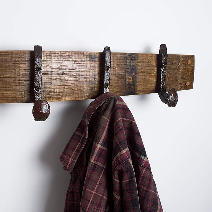 Wine Barrel Coatrack with Bent Railroad Spike Hooks