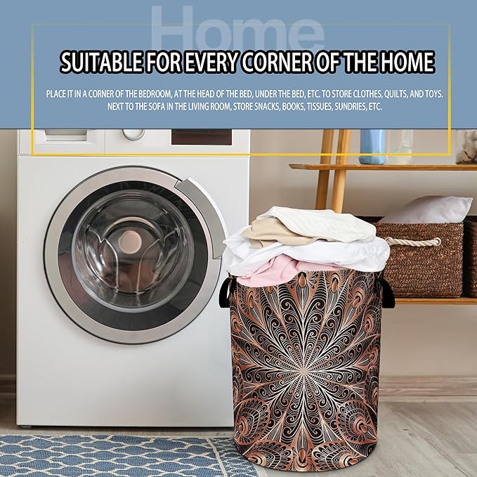 Mandala Laundry Basket Black Gold Peacock Feathers Foldable Oxford Cloth Funny Tote Bag Laundry Hamper Clothes Storage Bucket Toy Organizer For Bathroom/Laundry Storage/Bedroom 18.9x16.5 In