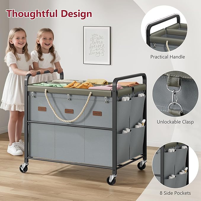 Tajsoon 295L Extra Large Laundry Cart 6 Section, Heavy Duty Laundry Sorter with Lockable Wheels, Laundry Basket with Sturdy Metal Frame, Leather Patchwork Laundry Separated with Removable Bags, Grey