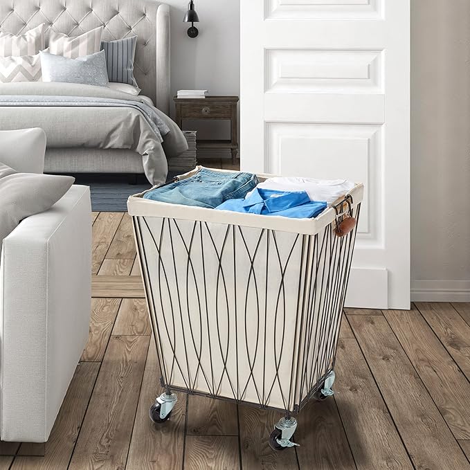 Artesa Verona Rolling Laundry Hamper Cart with Removable Canvas Bag, White and Black Large