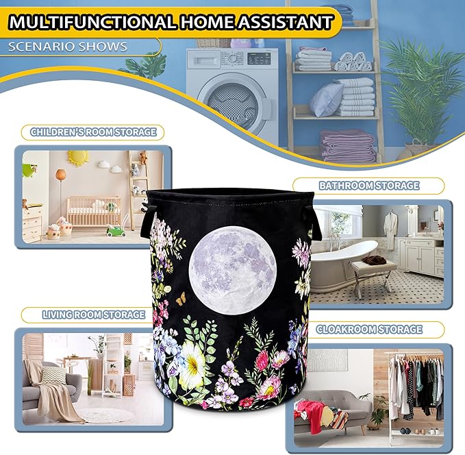 Full Moon Laundry Basket Colorful Flowers Foldable Oxford Cloth Funny Tote Bag Laundry Hamper Clothes Storage Bucket Toy Organizer For Bathroom/Laundry Storage/Bedroom 18.9x16.5 Inch