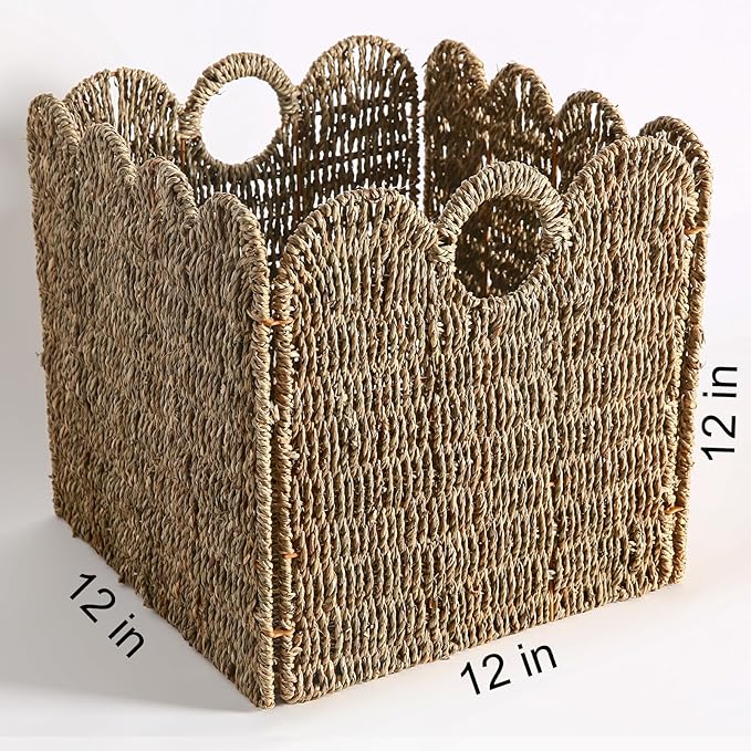 Scalloped Wicker Storage Cubes Basket, 12”x12“ Heavy Duty Paper rope/Hyacinth/Seagrass Baskets for Shelves, Foldable Natural Boho Square Bins (Seagrass, 12 x 12 x 12in, 4-Pack)