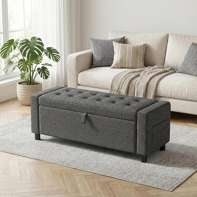 Amada 46" Ottoman with Storage,Storage Ottoman Bench with Safety Hinge, Hidden Compartment & Side Pocket, 400 lbs Weight Capacity, end of Bed/Entryway Bench for Bedroom/Living Room, Dark Gray