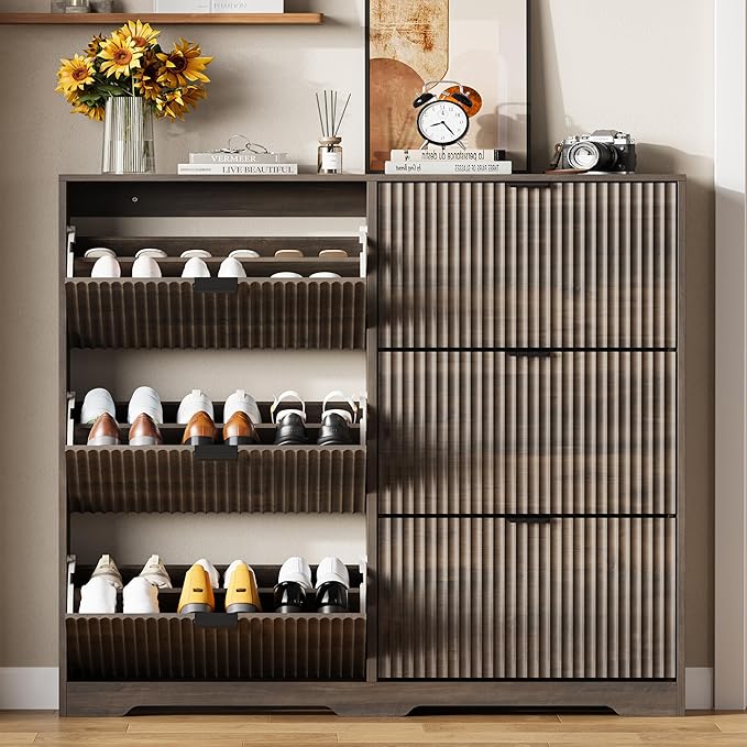 Shoe Cabinet Storage for Entryway with 6 Flip Drawers, Grey Fluted Shoe Cabinet with Adjustable Shelves, Wooden Hidden Shoe Rack Freestanding Narrow Slim Shoes Storage for Hallway, Entrance