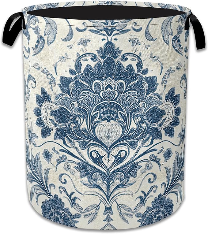 Vintage Blue Floral Laundry Basket Collapsible Laundry Hamper Clothes Toy Storage Bin for Bathroom Bedroom Room Decor 16" X 20.8"