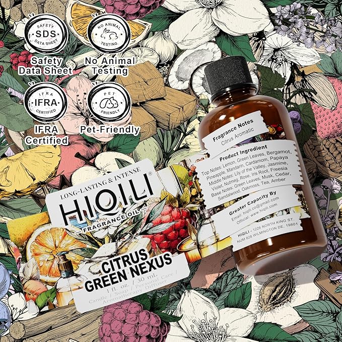 HIQILI Citrus Green Nexus Fragrance Oil for Scent Diffuser, Inspired by C&K One, Perfume & Soap Making Supplies, Great for Larger Room, New Car - 1 Fl Oz