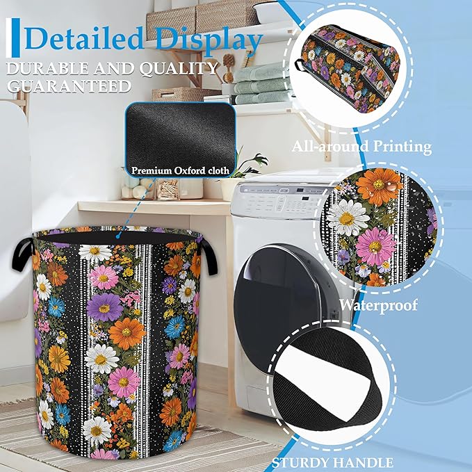Flower Art Laundry Basket Oxford Cloth Laundry Hamper With Handle, Clothes Storage Basket Toy Organizer for Bathroom/Bedroom/Dormitories 16" X 20.8"